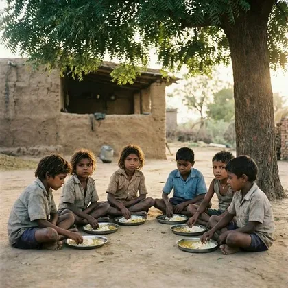 Village children eating a simple meal from metal plates under a tree