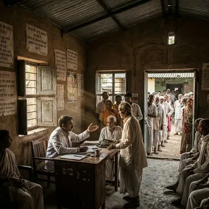An overcrowded rural health centre with a single doctor attending a long queue of patients