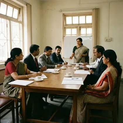 Board members in a formal meeting discussing organizational strategy